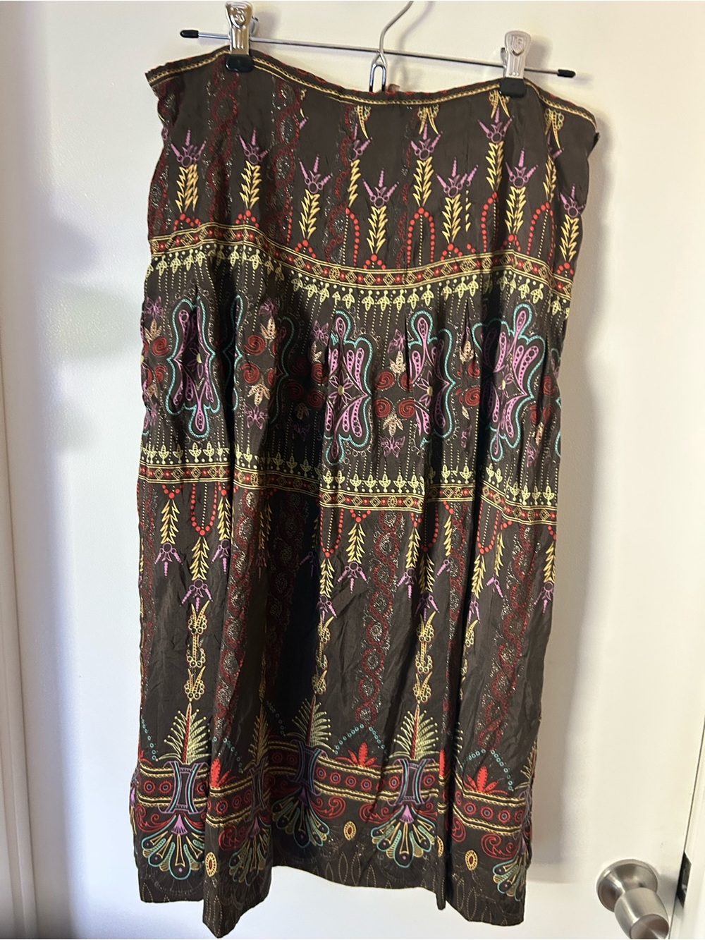 Kenzie Bohemian Embroidered Brown Midi Skirt- silk- size 12